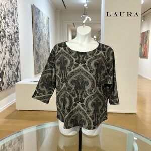 NEW, Laura, Paisley Print Top, Plus Size XXL, Black, Green & Beige